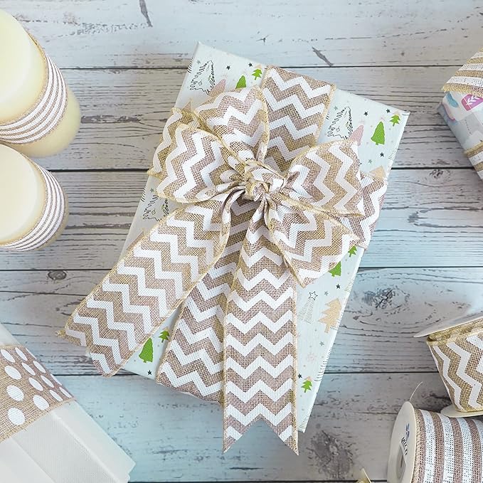 MEEDEE Burlap Ribbon with White Chevron Pattern - Image 3
