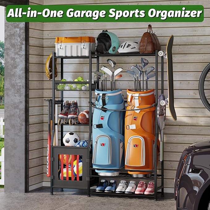 Sonyabecca Garage Sports Equipment Organizer, Golf Bag Storage Rack, Organizer for 2 Golf Bag, Indoor/Outdoor Ball Storage Bins for Toy Sports Gear Storage, Ideal for Home, Garage, Club, Basement