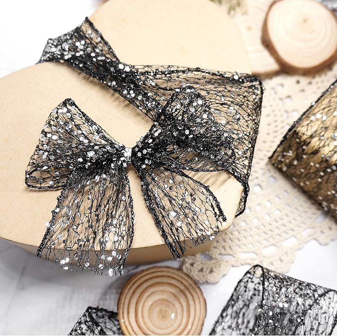 CT CRAFT LLC Sparkling Glitter Mesh Wired Ribbon 2.5" x 20 Yards Black - Image 5