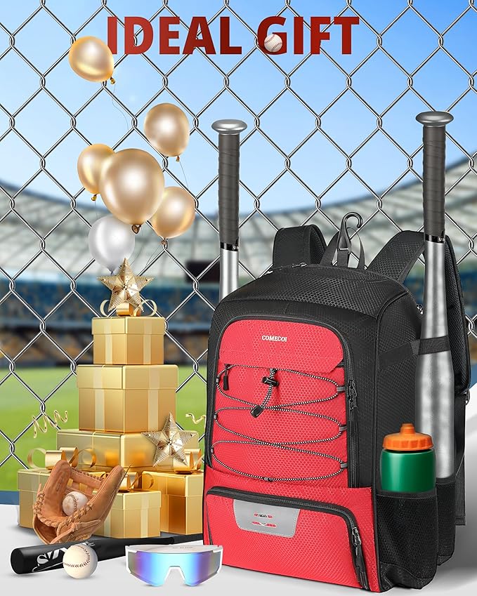 COMECOI Baseball Bag, Baseball Backpack with Helmet Shoes Bag for Youth, Adult, Lightweight Softball Bag with Fence Hook Hold TBall Bat, Baseball Glove, Helmet, Caps, All Gear