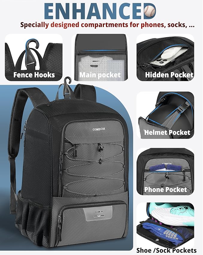 COMECOI Baseball Bag, Baseball Backpack with Helmet Shoes Bag for Youth, Adult, Lightweight Softball Bag with Fence Hook Hold TBall Bat, Baseball Glove, Helmet, Caps, All Gear