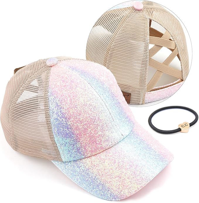 C.C Ponycap Messy High Bun Ponytail Adjustable Glitter Mesh Trucker Baseball Cap