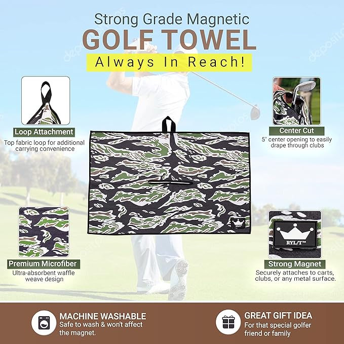 RYL/T Magnetic Golf Towel with Center Cut and Loop Attachment, Strong Magnet Attaches to Anything Metallic, Perfect Golf Bag or Cart Accessory
