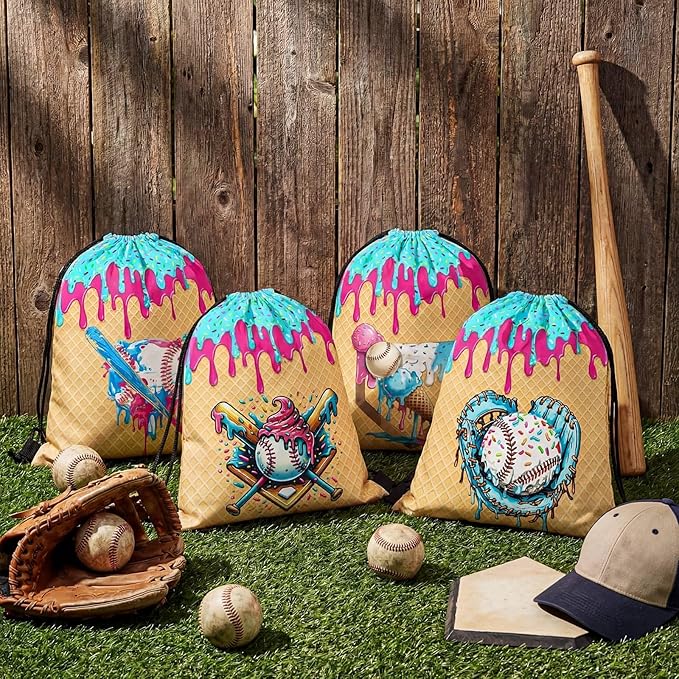 Woanger 24 Pcs Ice Cream Drip Baseball Drawstring Bags Bulk 11.81x9.84 Inch Sport Party Favor Backpacks Baseball Gift Bags Waterproof Lightweight String Cinch Backpacks for Travel Sport Camp Party