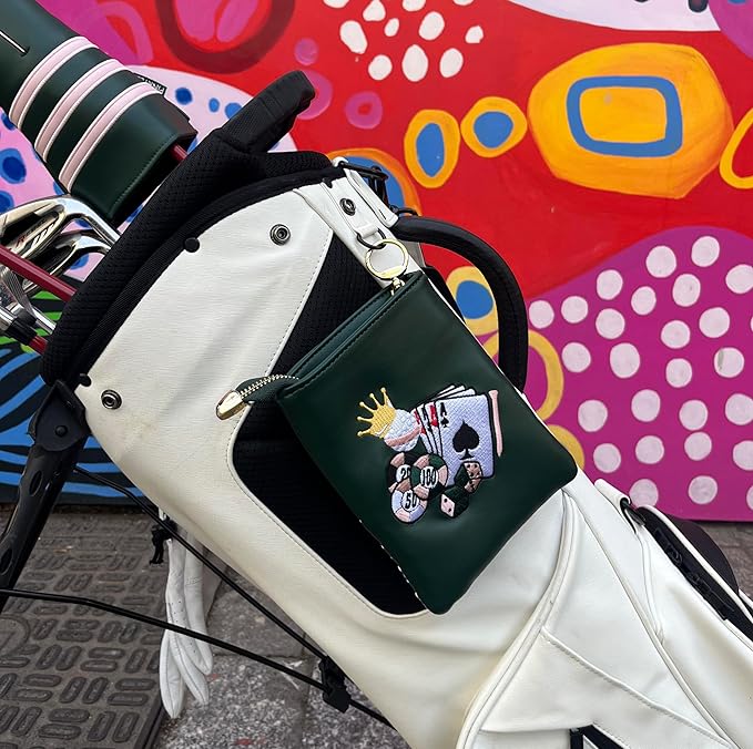 PINKTEE Golf Valuables Pouch Premiun Leather Tee Bag Funny Golf Accessories Organizer with Zipper Master Green for Women Men (CASINO QUEEN, Pink stripe)