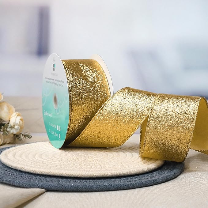 CT CRAFT LLC Glitter Wired Ribbon 2.5" x 20 Yards Yellow Gold - Image 4
