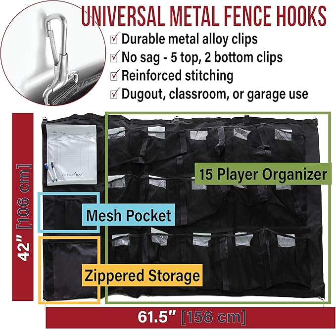 Athletico 15 Player Dugout Organizer - Hanging Baseball Helmet Bag to Organize Baseball Equipment Including Gloves, Helmets, Batting Gloves, Balls, & More