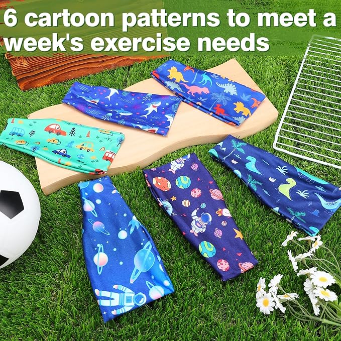 6Pcs Breathable Sports Sweatbands for Kids - Ages 4-10 Boys Girls Sweat Wicking Non Slip Elastic Hairbands, Athletic Headbands Accessories Gifts for Football Soccer Basketball Baseball Dance