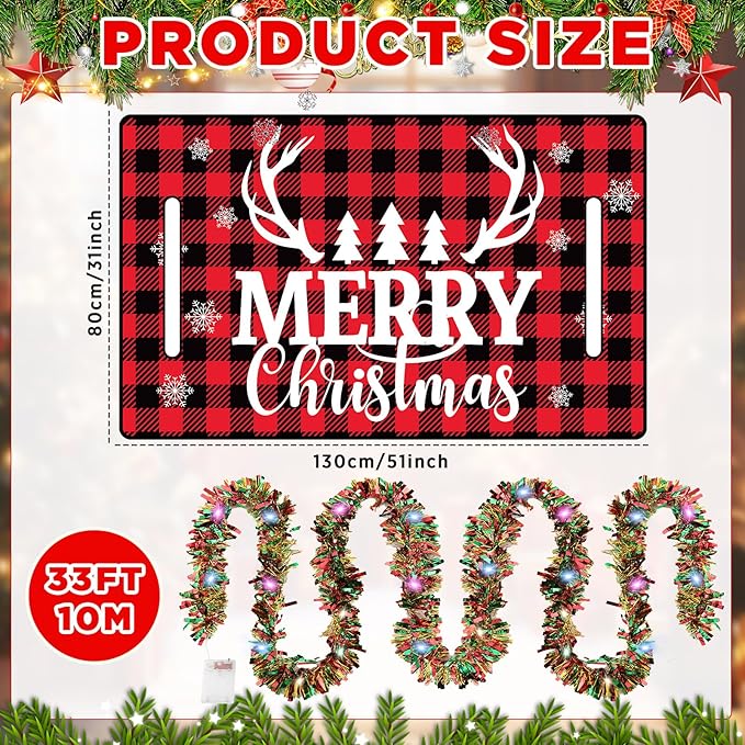 gisgfim Christmas Golf Cart Seat Covers 1 Pcs for 1 Person Seats 33ft Christmas Garland with LED Lights Red and Black Checkered Xmas Decorations Golf Cart Decorations Accessories, 51L x 31W Inches