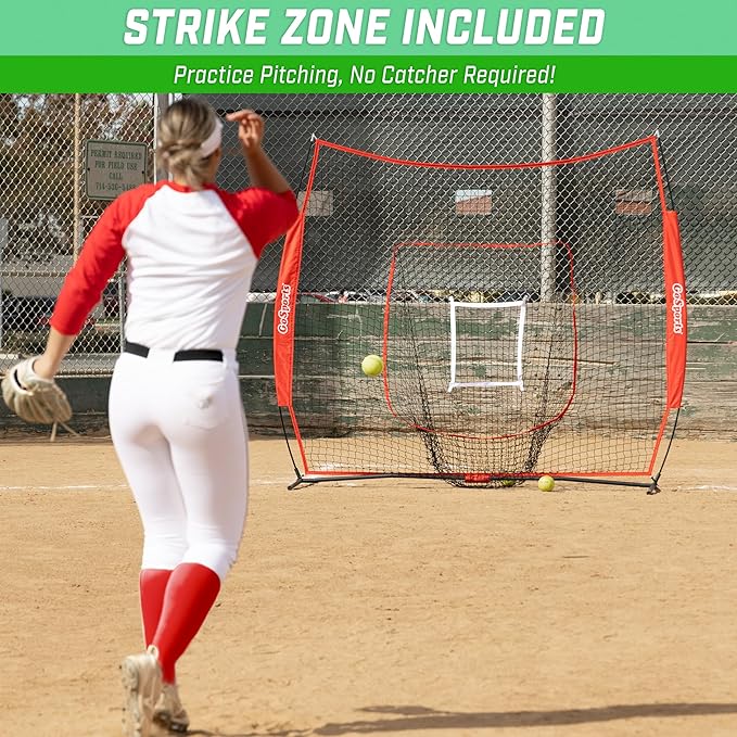 GoSports 7 x 7 ft Baseball & Softball Nets - Available in Team Colors - Batting & Pitching Net with Strike Zone