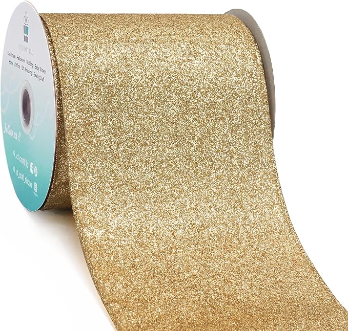 CT CRAFT LLC Glitter Wired Ribbon 4" x 10 Yards Light Gold by CTCRAFTLLC