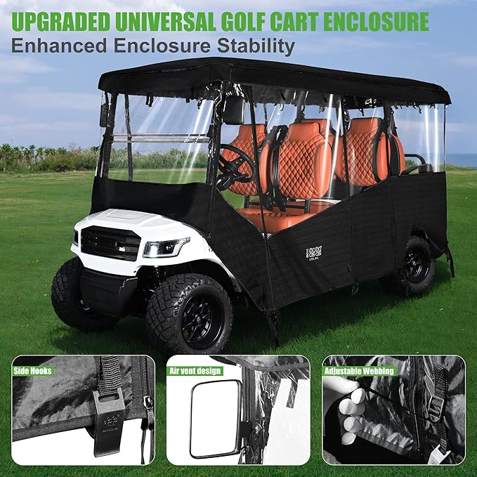 10L0L Golf Cart Enclosures Fits 6 Passenger Golf Cart Rain Cover, 600D Waterproof Driving Enclosure with Clear PVC Windshield for Extended Roof Golf