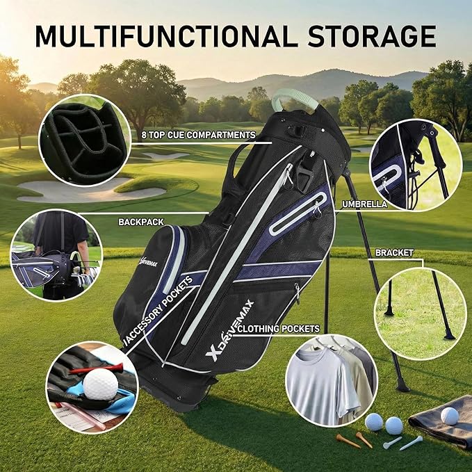 XDriveMax Golf Stand Bag with Accessory Pack, Lightweight 8-Way Top Dividers Golf Bag with Stand, Includes Insulated Cooler Pocket, Dual Strap & Rain Cover