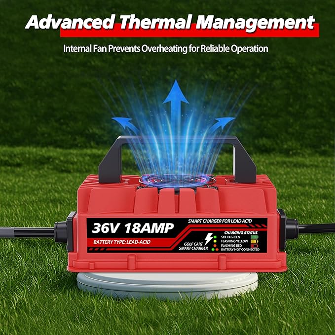 18 Amp 36 Volt Golf Cart Battery Charger for EZGO TXT - D-Style Plug, Smart Charger for Lead-Acid Batteries, IP67 Waterproof, Multi-Protection, Unique Design (Red)