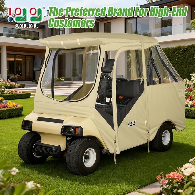 10L0L Golf Cart Driving Enclosure for Club Car DS 2+2 Passenger Short Roof, Waterproof Windproof Heavy Duty 600D Rain Cover with 4-Sided Clear Windows Durable Door Zipper All-Weather Protection Beige