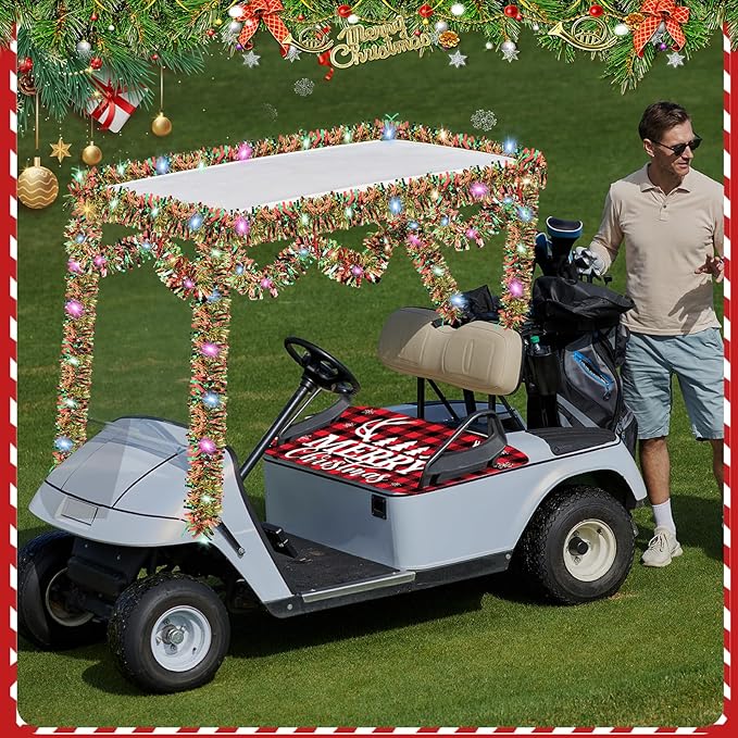 gisgfim Christmas Golf Cart Seat Covers 1 Pcs for 1 Person Seats 33ft Christmas Garland with LED Lights Red and Black Checkered Xmas Decorations Golf Cart Decorations Accessories, 51L x 31W Inches