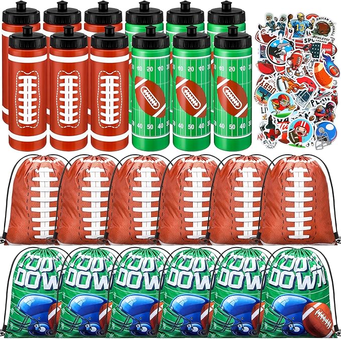 Funnymoom 24 Pcs Football Water Bottle Football Drawstring Bag Set with 50 Sticker Football Party Favors 12 Reusable Sports Squeeze Water Bottle 20oz 12 Football Goodie Gift Bag for Football Team Gift