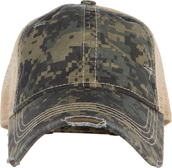 Funky Junque Trucker Hat for Women – Distressed Low Profile Western Camo Baseball Cap with Mesh, Trendy and Adjustable Fit
