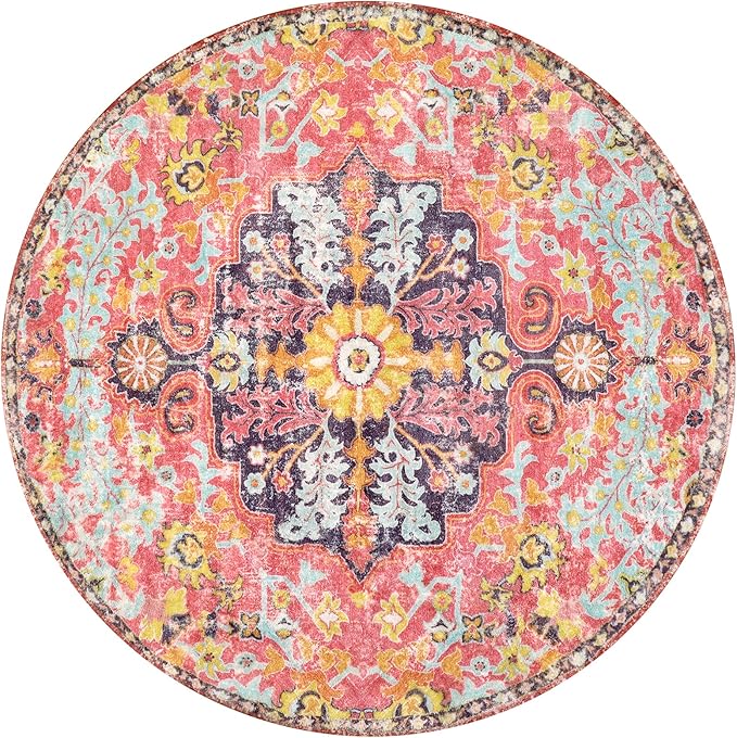 Lahome Bohemian Floral Medallion Round Rug - 4Ft Hot Pink Soft Round Area Rug - Image 10