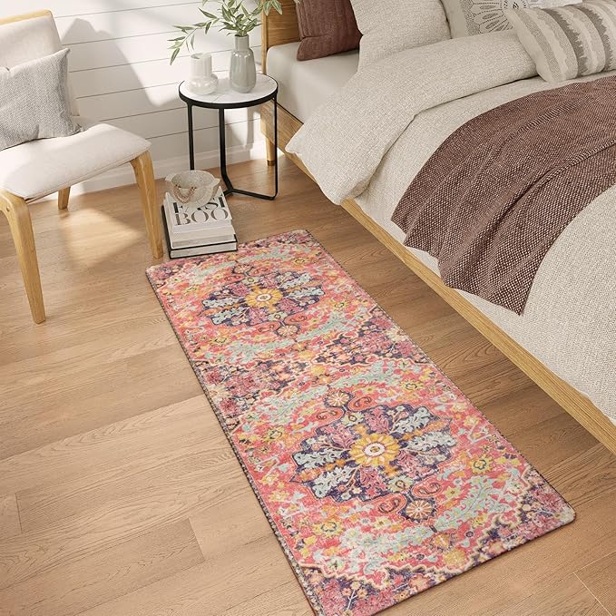 Lahome Bohemian Washable 2x5 Hot Pink Kitchen Runner Rug, Non Slip Bathroom - Image 8