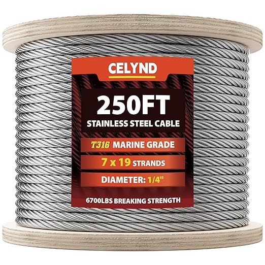 Stainless Steel Cable for Railing - 250FT 1/4" T316 Wire Rope - 7 x 19 Strands by CELYND