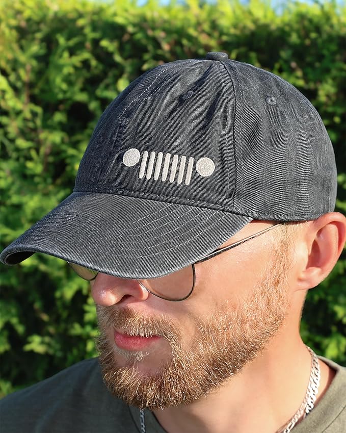 Jeep Grille Logo Garment Washed Baseball Cap – Adjustable Black Hat with Embroidered 7-Slot Grille