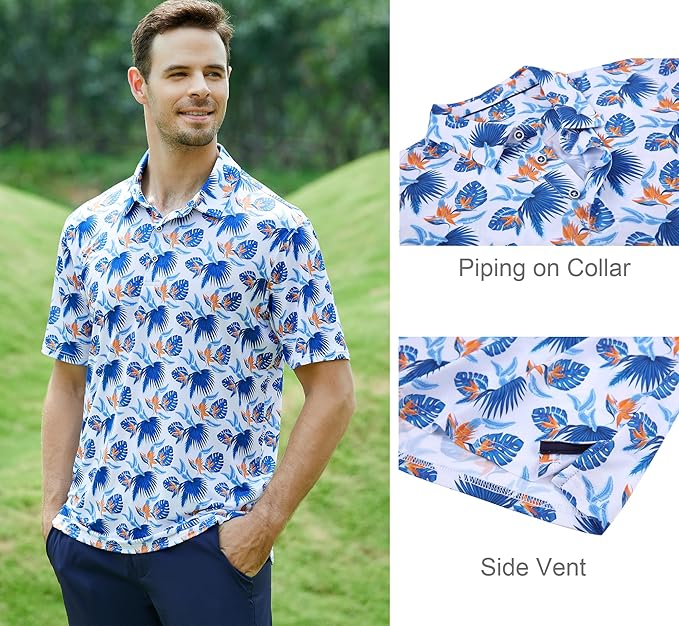 Alex Vando Mens Golf Shirt Moisture Wicking Quick-Dry Print Performance Polo Shirts for Men