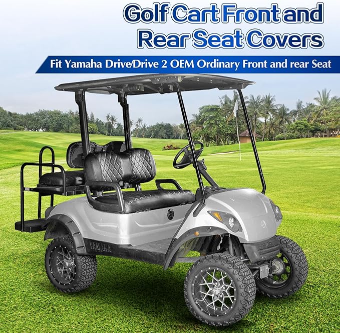 NOKINS 4PCS Golf Cart Diamond Seat Covers Kit,Front and Rear Seat Covers for Club Car Precedent/EZGO TXT/Yamaha Original Regular Seat Cushion (Black&Black Stitching, Fit Yamaha Drive/Drive 2)