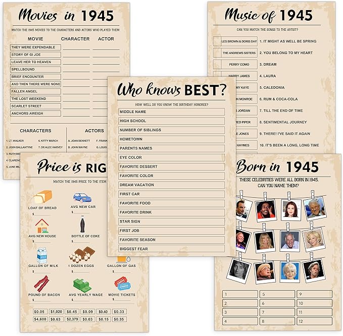 80th Birthday Party Games, Born in 1945 Games Bundle, Birthday Party Supplies by QUPT