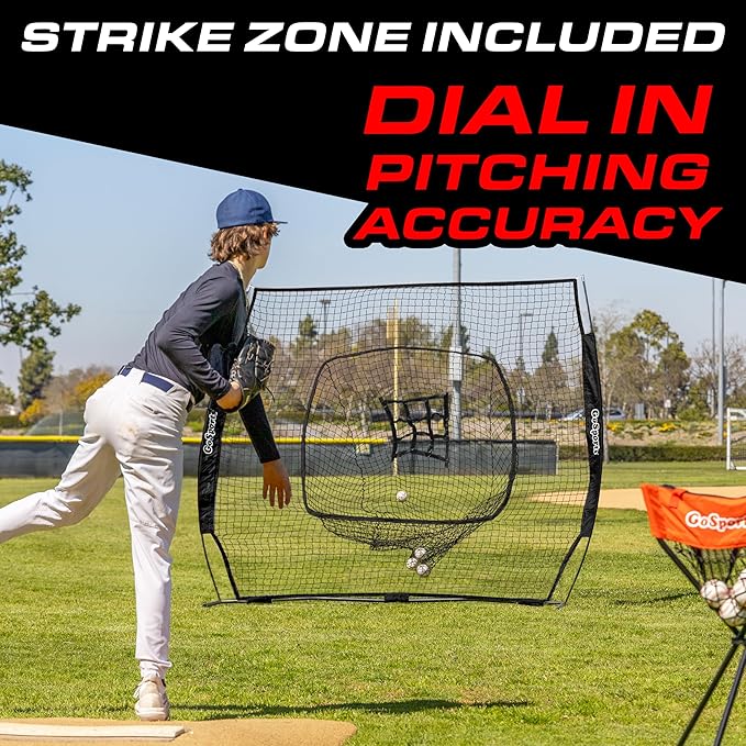 GoSports 7 ft x 7 ft Baseball & Softball Nets - Red, Black, or PRO -Practice Hitting & Pitching Net with Bow Type Frame, Carry Bag and Strike Zone, Great for All Skill Levels