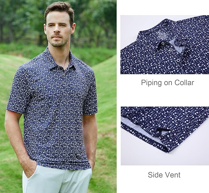 Alex Vando Mens Golf Shirt Moisture Wicking Quick-Dry Print Performance Polo Shirts for Men