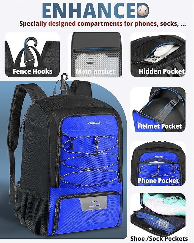 COMECOI Baseball Bag, Baseball Backpack with Helmet Shoes Bag for Youth, Adult, Lightweight Softball Bag with Fence Hook Hold TBall Bat, Baseball Glove, Helmet, Caps, All Gear
