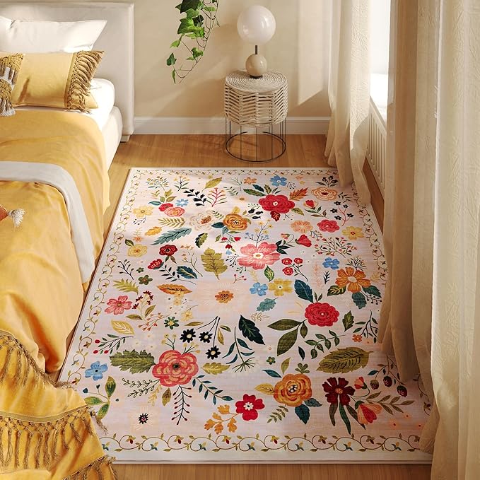 Rugcomf Area Rug 4x6 Rug Washable Boho Rugs Non Slip Low Pile Floral Small - Image 5