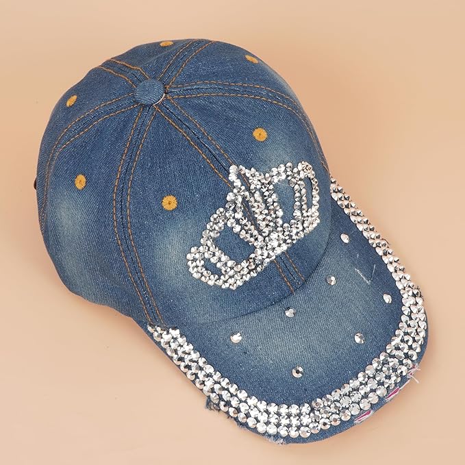 Hoce Fashion Rhinestone Denim Baseball Cap Studded Bling Hat for Women