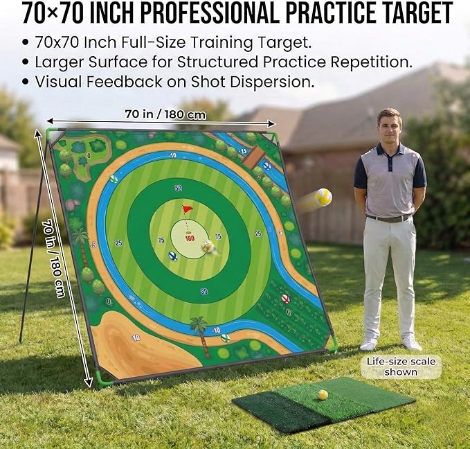 70x70 Inch Golf Chipping Net Battle Golf Extra Large Backyard Practice Net with 40 Training Balls, 3-Turf Hitting Mat, 2 Practice Clubs – Indoor Outdoor Use, Gift for Golf Lovers