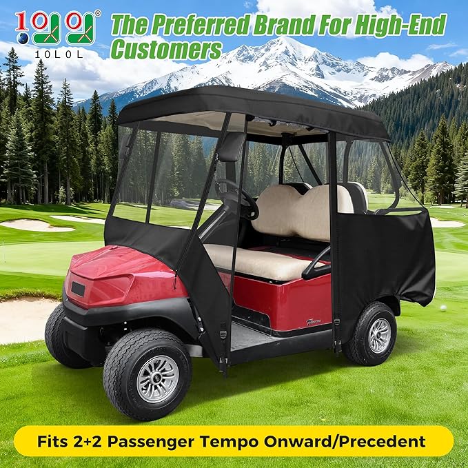 10L0L 2/4/8 Passenger Golf Cart Enclosure for Club Car Precedent/Tempo/Onward, 600D Waterproof Golf Cart Rain Cover, Driving Enclosure with 4-Sided Clear Windows Roll-up Door Black -Roof 58"-141"
