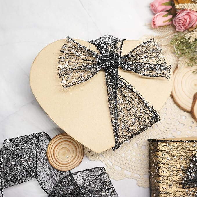 CT CRAFT LLC Sparkling Glitter Mesh Wired Ribbon 4" x 10 Yards Black - Image 5