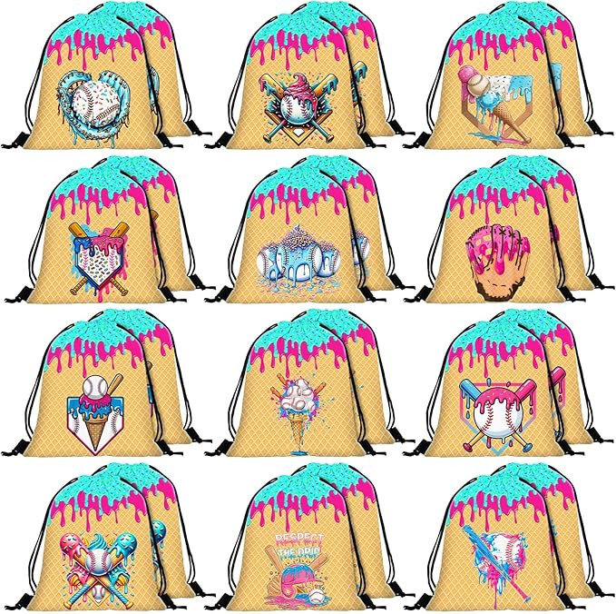 Woanger 24 Pcs Ice Cream Drip Baseball Drawstring Bags Bulk 11.81x9.84 Inch Sport Party Favor Backpacks Baseball Gift Bags Waterproof Lightweight String Cinch Backpacks for Travel Sport Camp Party