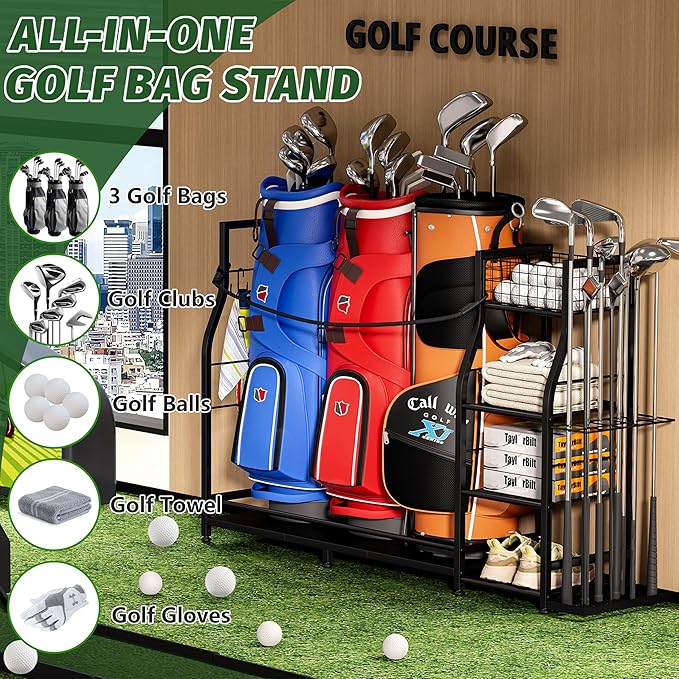 Golf Bag Stand for Golf Bag Accessories, Golf Bag Storage Organizer Fits 3 Bags for Garage Organization, Golf Organizer with Extra Storage Rack for Golf Clubs & Golf Essentials, Golf Gifts for Men