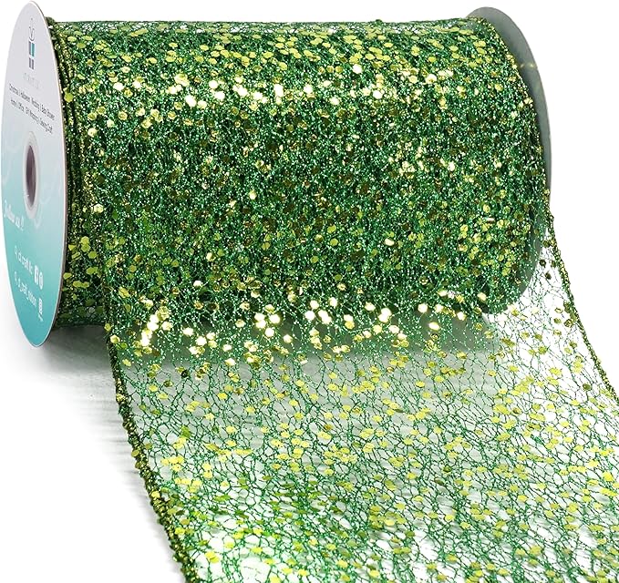 CT CRAFT LLC Sparkling Glitter Mesh Wired Ribbon 6" x 10 Yards Green by CTCRAFTLLC