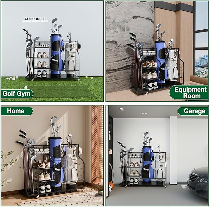 Golf Bag Storage Organizer with Wheels, Garage Golf Equipment Rack for 2 Golf Bags, Clubs, Shoes & Accessories Heavy Duty Metal Stand for Garage, Basement, Home or Shed