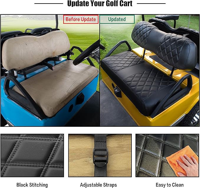 NOKINS Golf Cart Seat Cover, Black Diamond Pattern, Vinyl, Compatible with Club Car DS, Front Seat Cover, 2 Count
