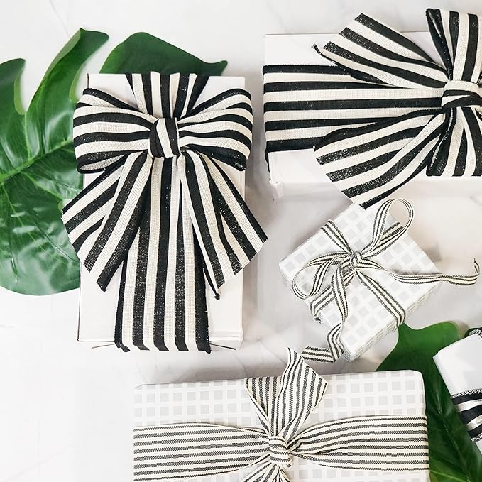 CT CRAFT LLC Striped Canvas Cotton Ribbon 2.5" x 50 Yards Ivory/Black Stripes - Image 4