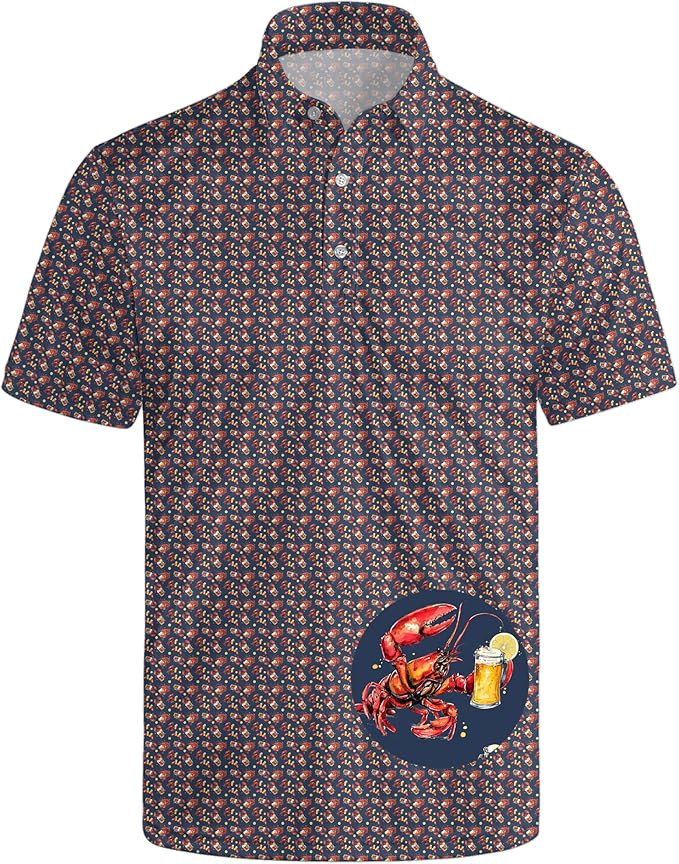 HUURAY Funny Golf Polos for Men Funny Print Short Sleeve Shirts Quick Dry Polo Shirts Hawaiian Shirt Performance Golf Outfits