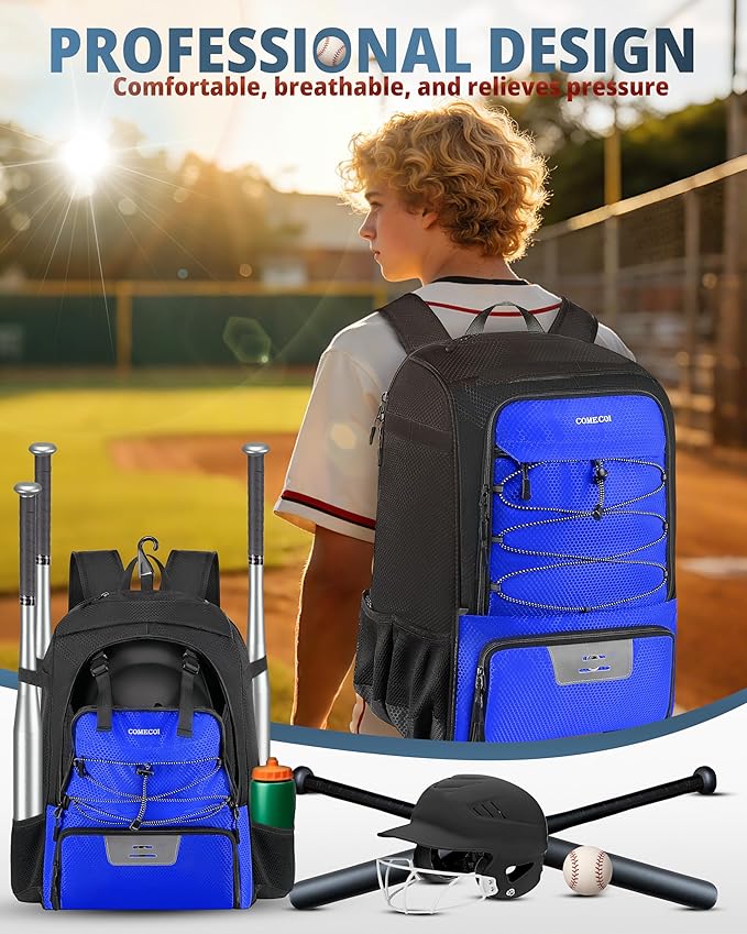 COMECOI Baseball Bag, Baseball Backpack with Helmet Shoes Bag for Youth, Adult, Lightweight Softball Bag with Fence Hook Hold TBall Bat, Baseball Glove, Helmet, Caps, All Gear