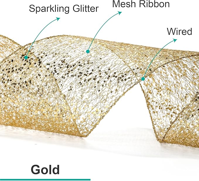 CT CRAFT LLC Sparkling Glitter Mesh Wired Ribbon 2.5" x 10 Yards Gold - Image 2
