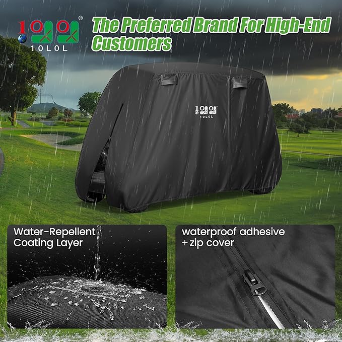 10L0L Golf Cart Cover 2/4/4+2 Passenger for Yamaha EZGO Club Car, Heavy Duty 420D Waterproof Windproof Durable Oxford Golf Cart Cover with 3 Zipper Doors for All-Weather Protection (Black/Silver)