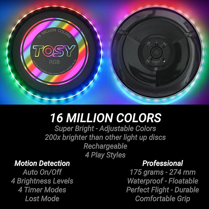 TOSY Flying Disc - 108 RGB Multicolor or 36 Monocolor LEDs, Super Bright, Smart Modes, Easter Basket Stuffers Gift, Camping Toy for Kid/Teen/Adult, Auto Light Up, Rechargeable, Waterproof, 175g
