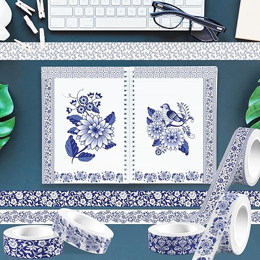 12 Pcs blue and white porcelain Washi Tape Maple Leaf Print Masking Tape - Image 6
