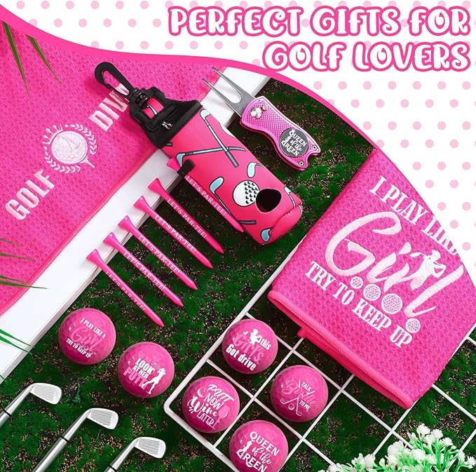 Realspring 18 Pcs Pink Golf Accessories Kit Gift for Women, Include 6 Pink Golf Balls, 6 Tees, 2 Towels, Ball Bag, Divot Tool, Gift Box